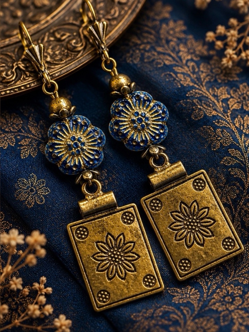 Blue Czech Glass Flower Earrings Antique Brass Floral Dangles